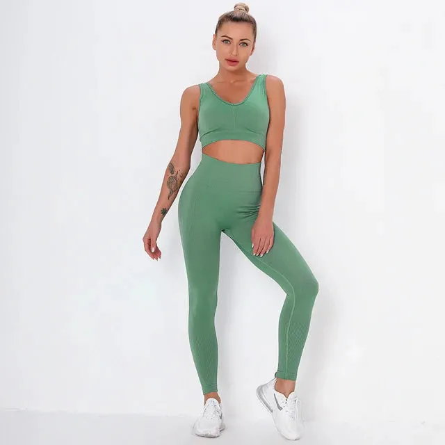 2-Piece Striped Yoga Set for Fitness Women - High Waist Leggings and Sports Bra