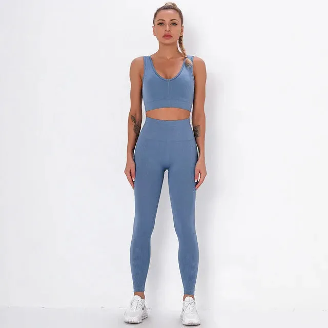 2-Piece Striped Yoga Set for Fitness Women - High Waist Leggings and Sports Bra