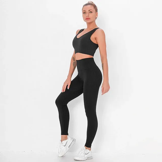 2-Piece Striped Yoga Set for Fitness Women - High Waist Leggings and Sports Bra