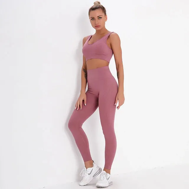 2-Piece Striped Yoga Set for Fitness Women - High Waist Leggings and Sports Bra