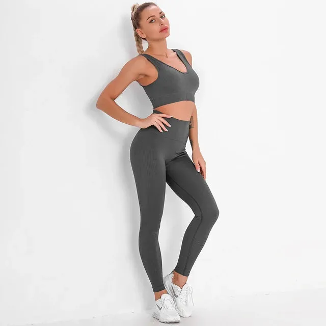 2-Piece Striped Yoga Set for Fitness Women - High Waist Leggings and Sports Bra