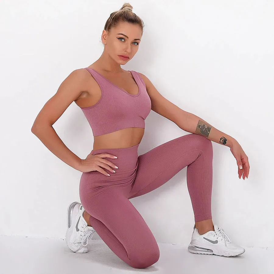2-Piece Striped Yoga Set for Fitness Women - High Waist Leggings and Sports Bra