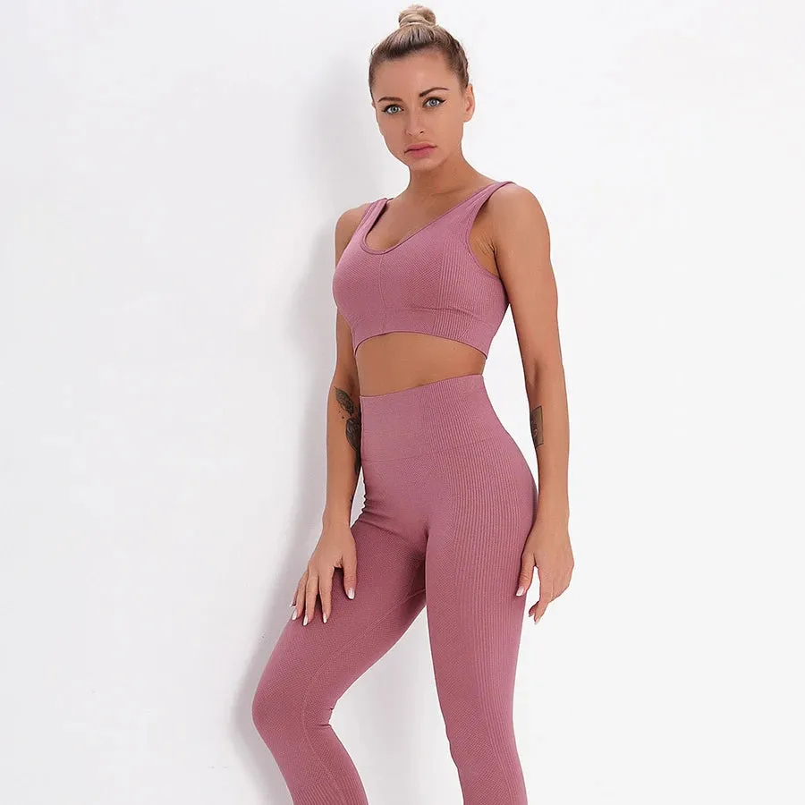 2-Piece Striped Yoga Set for Fitness Women - High Waist Leggings and Sports Bra