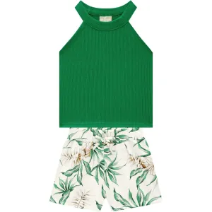 2Pc Halter Top & Floral Shorts Set