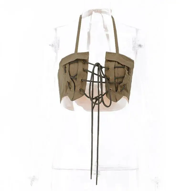 Army Green Lace-Up Halter Top with Tie Fastening for Y2K Style