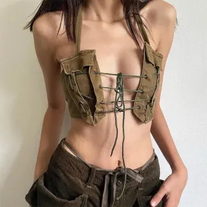 Army Green Lace-Up Halter Top with Tie Fastening for Y2K Style