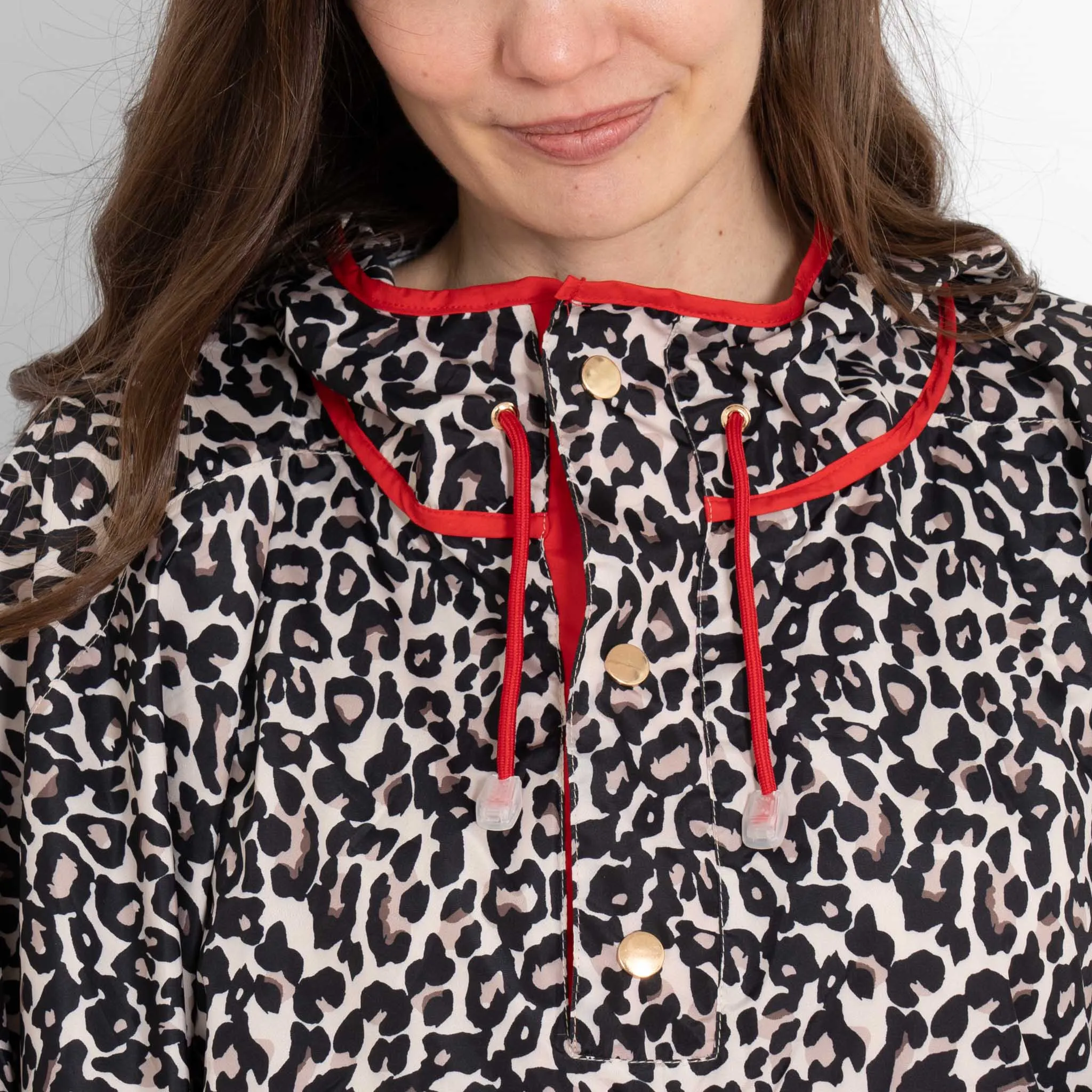 Aspen Rain Poncho - Cream/Red, Leopard Print