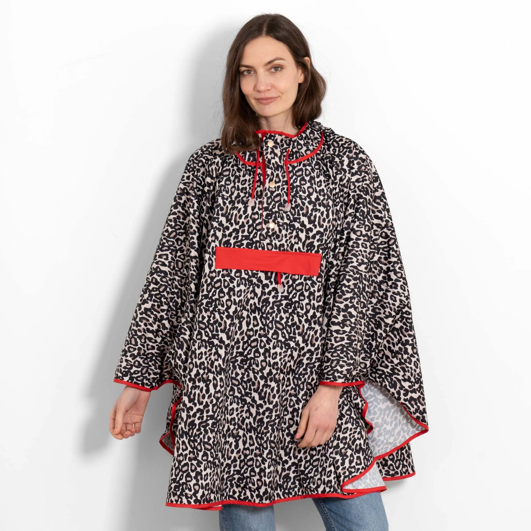 Aspen Rain Poncho - Cream/Red, Leopard Print