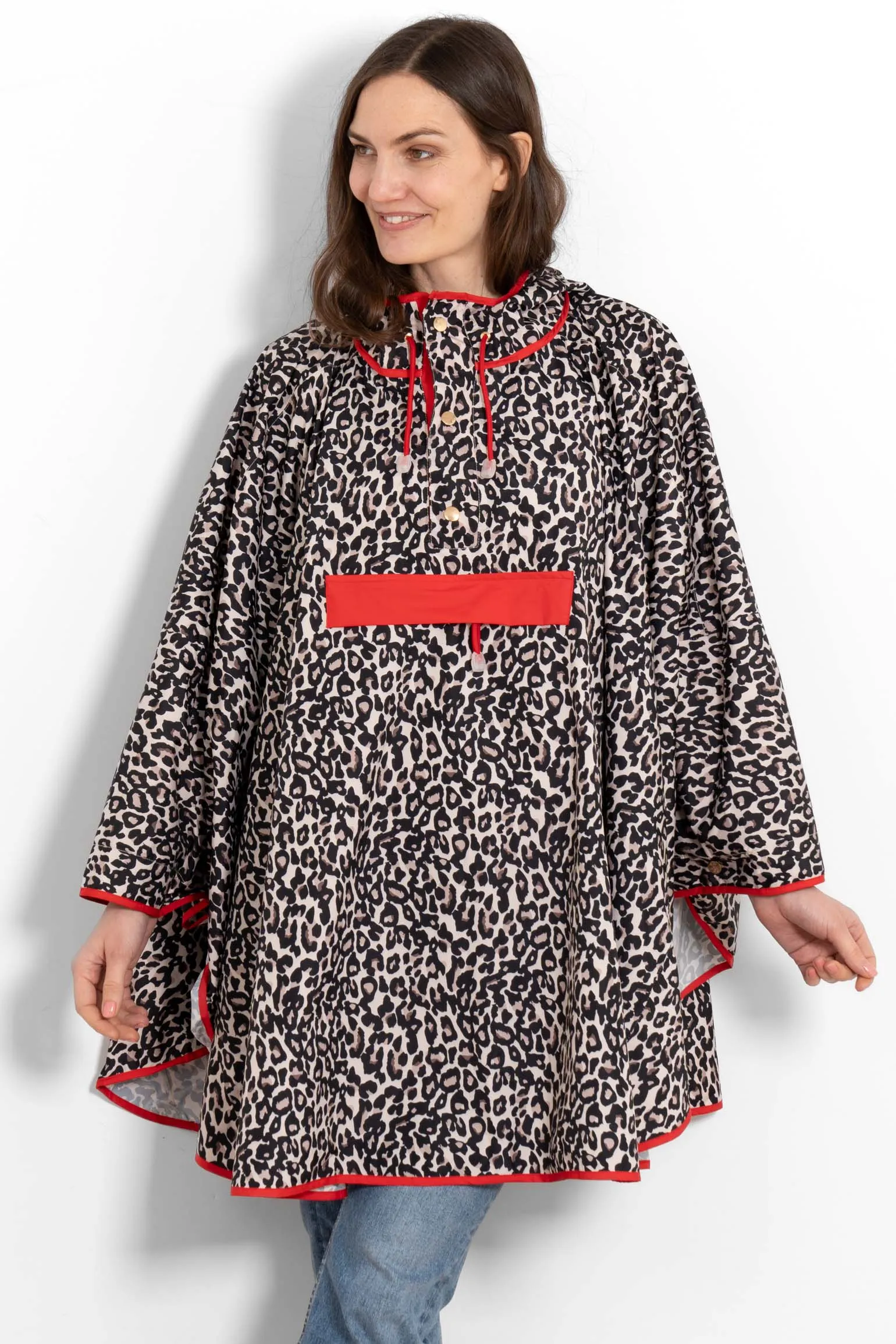Aspen Rain Poncho - Cream/Red, Leopard Print