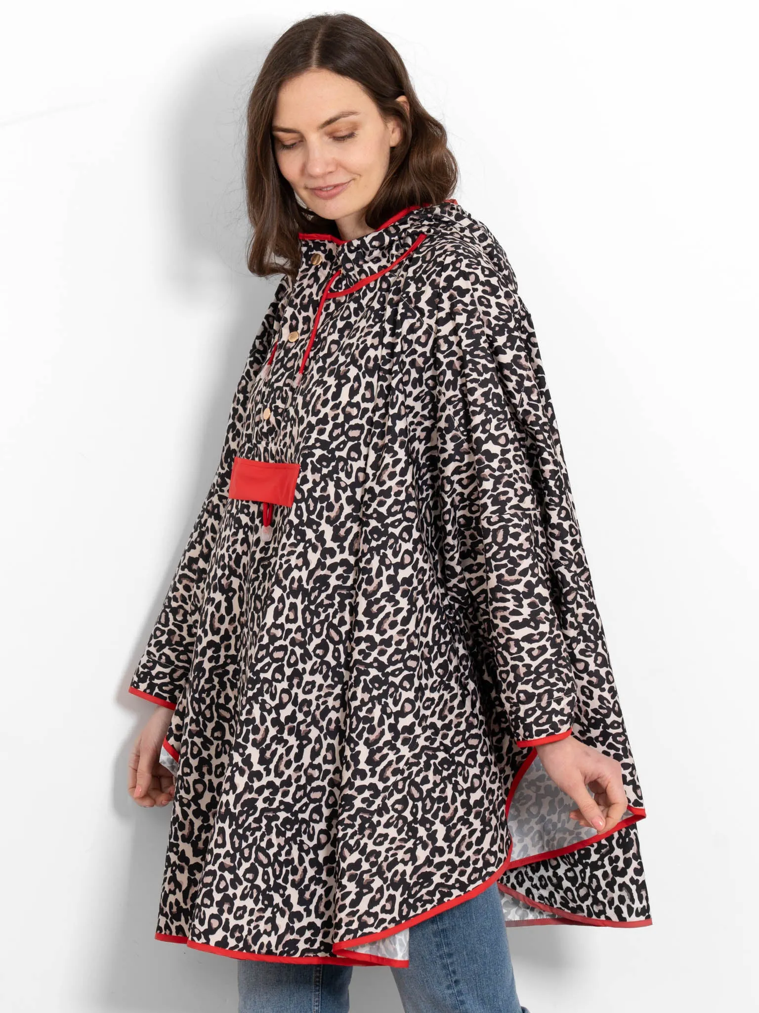 Aspen Rain Poncho - Cream/Red, Leopard Print