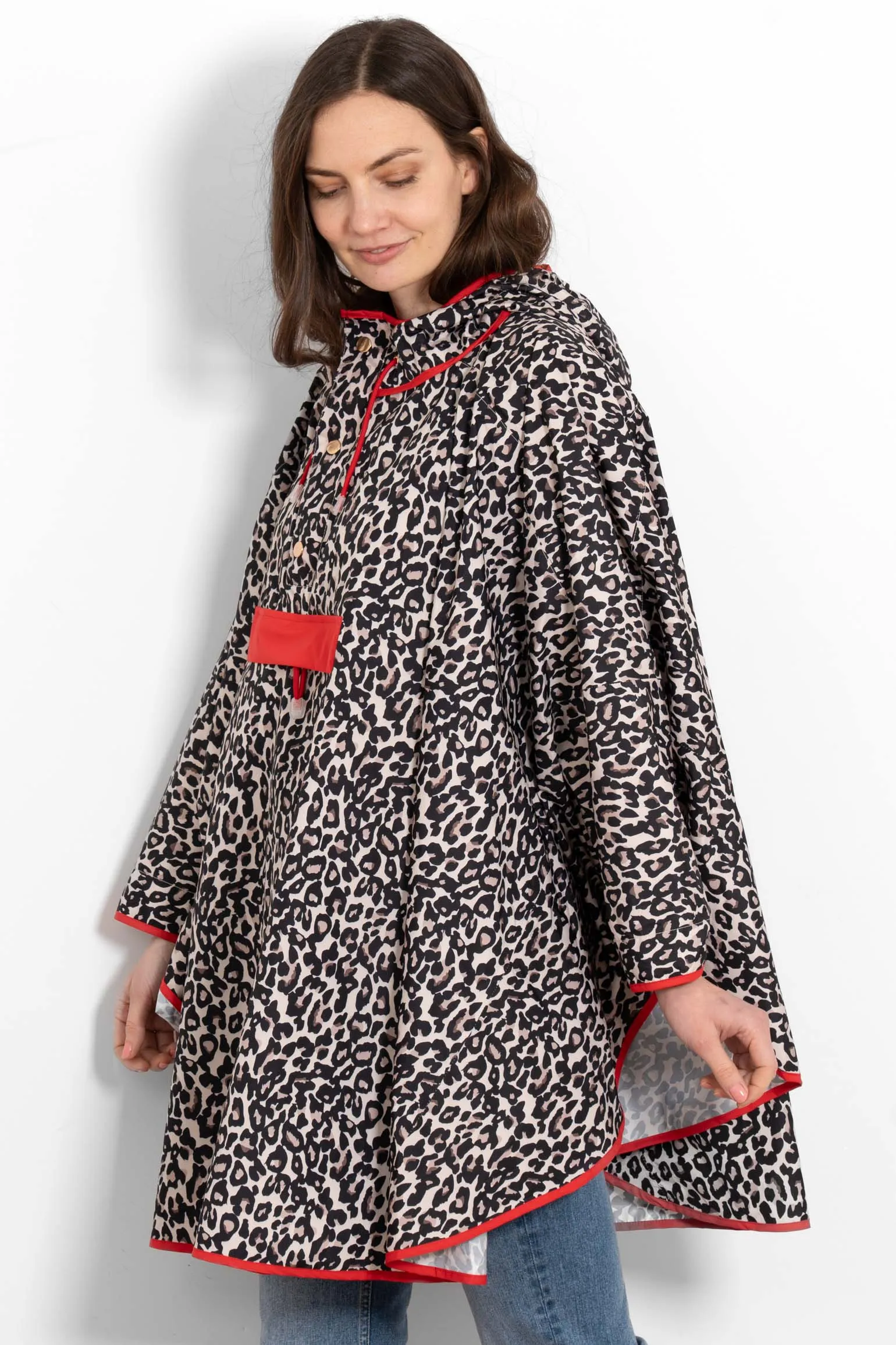 Aspen Rain Poncho - Cream/Red, Leopard Print