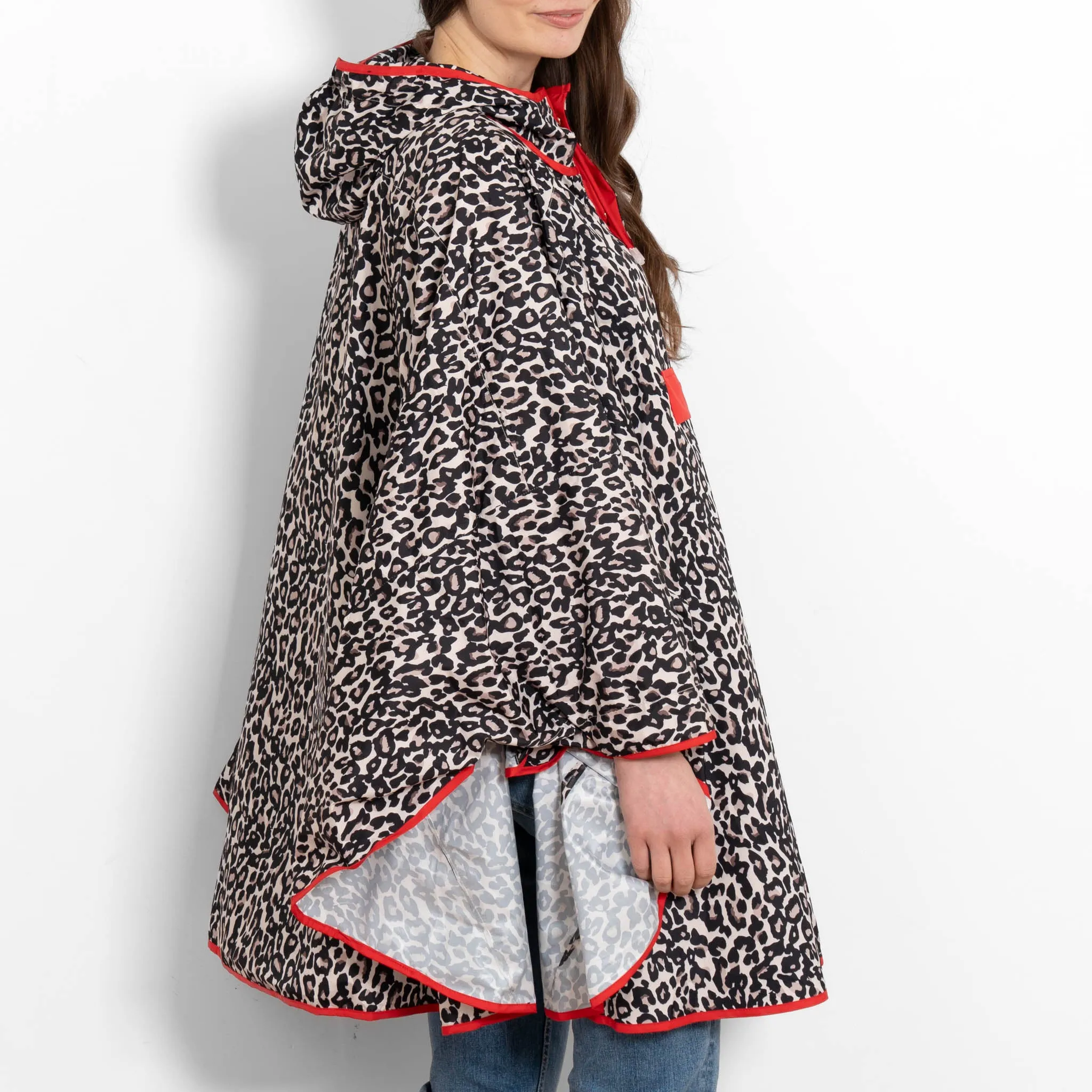 Aspen Rain Poncho - Cream/Red, Leopard Print