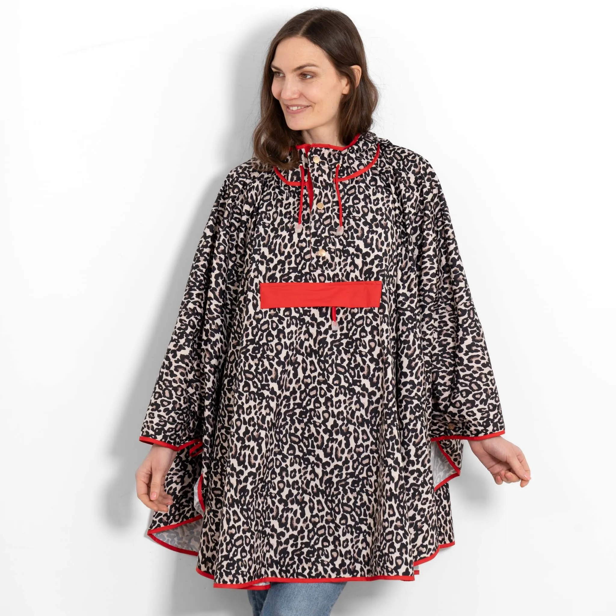 Aspen Rain Poncho - Cream/Red, Leopard Print