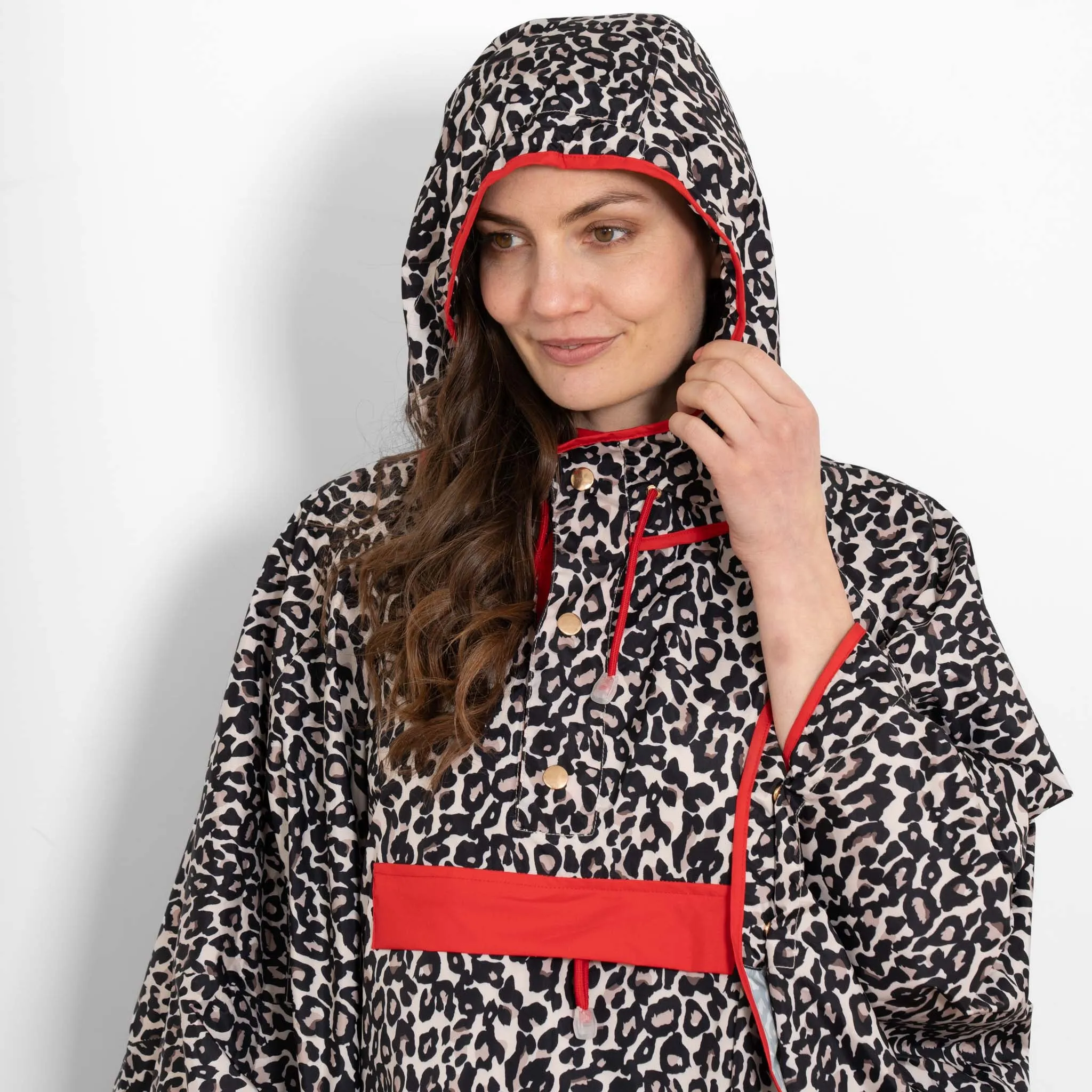 Aspen Rain Poncho - Cream/Red, Leopard Print