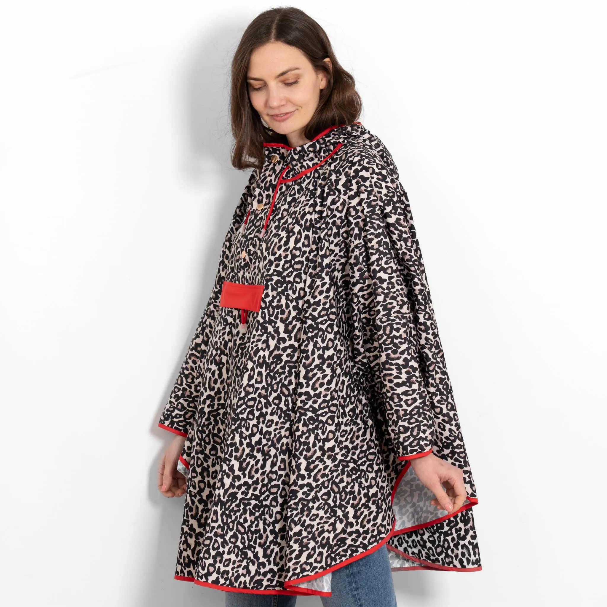 Aspen Rain Poncho - Cream/Red, Leopard Print