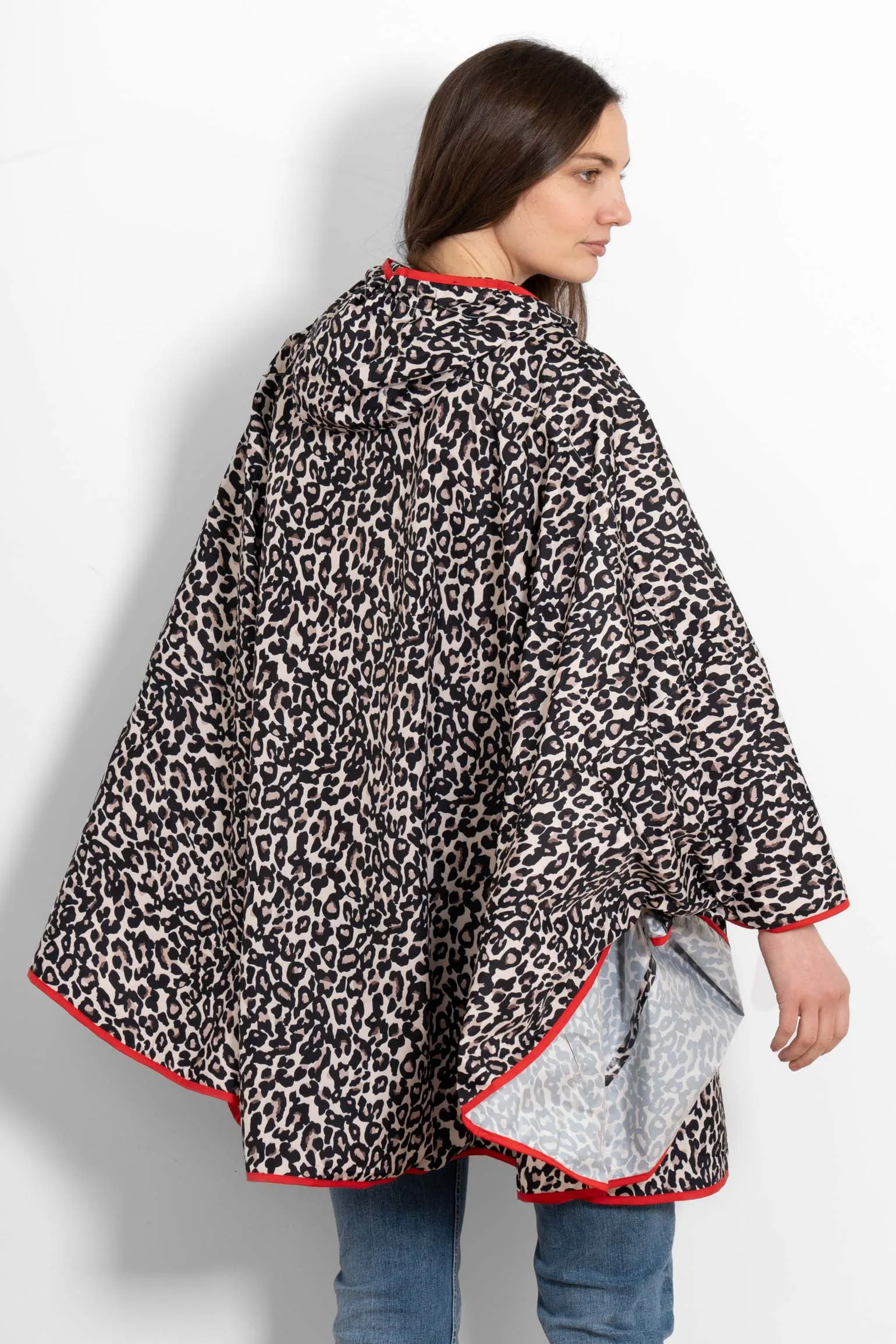 Aspen Rain Poncho - Cream/Red, Leopard Print