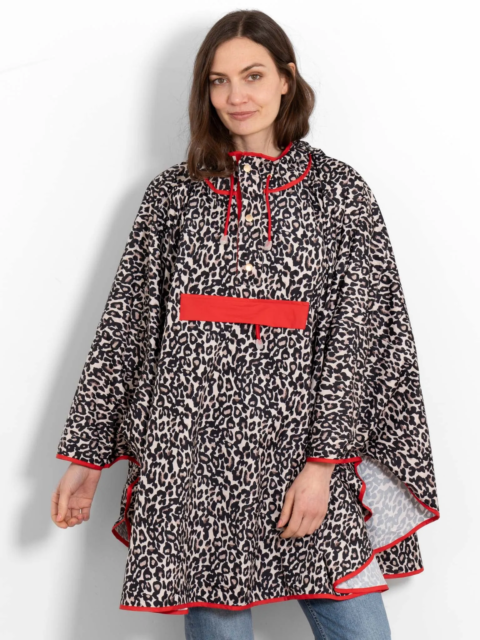 Aspen Rain Poncho - Cream/Red, Leopard Print