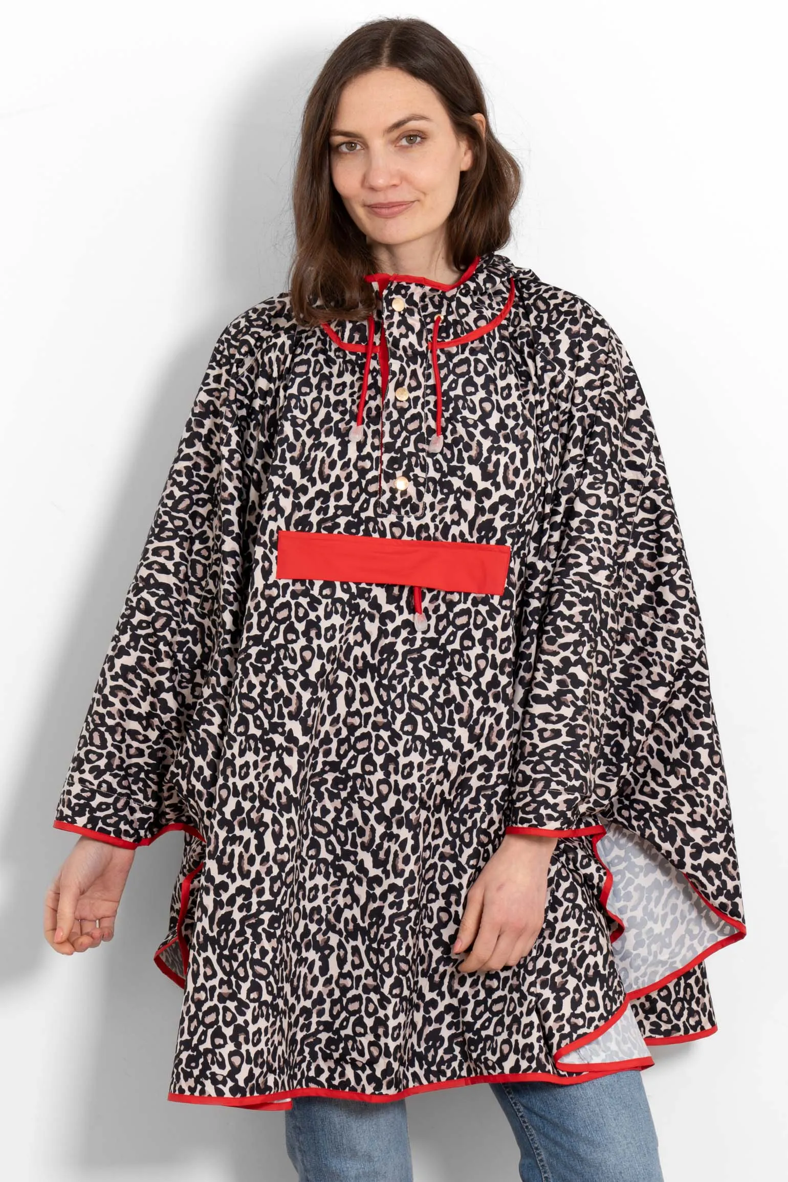 Aspen Rain Poncho - Cream/Red, Leopard Print