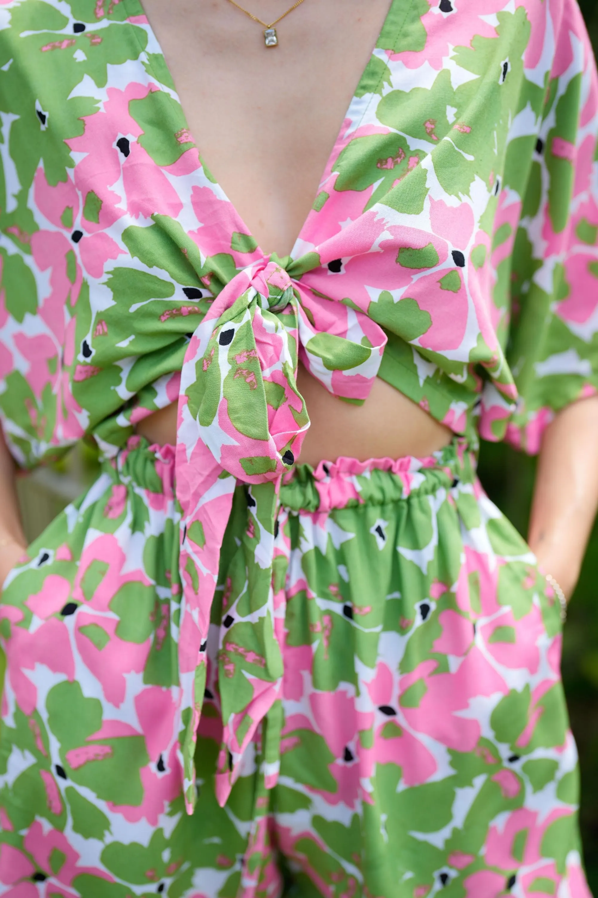 Aubrey Floral Wrap Top and Shorts Travel Matching Set in Pink Garden