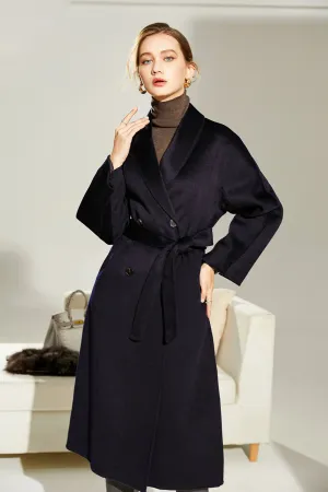 BerryBetty - Black Wool Double Breasted Lapel Neck Long Coat with Belt