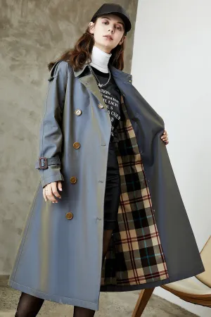 BerryBetty - Grey Blue Double Breasted Long Trench Coat with Belt