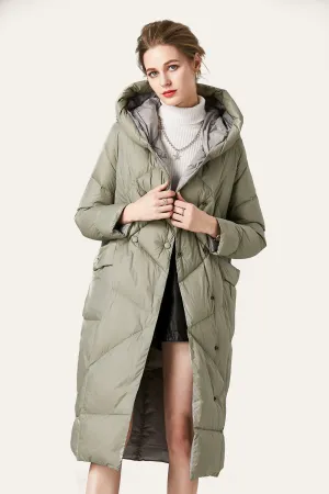 BerryBetty - Grey Green Button Quilted Hooded Long Puff Jacket