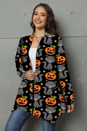 BerryBetty - Halloween Pumpkin and Cat Pattern Black Coat