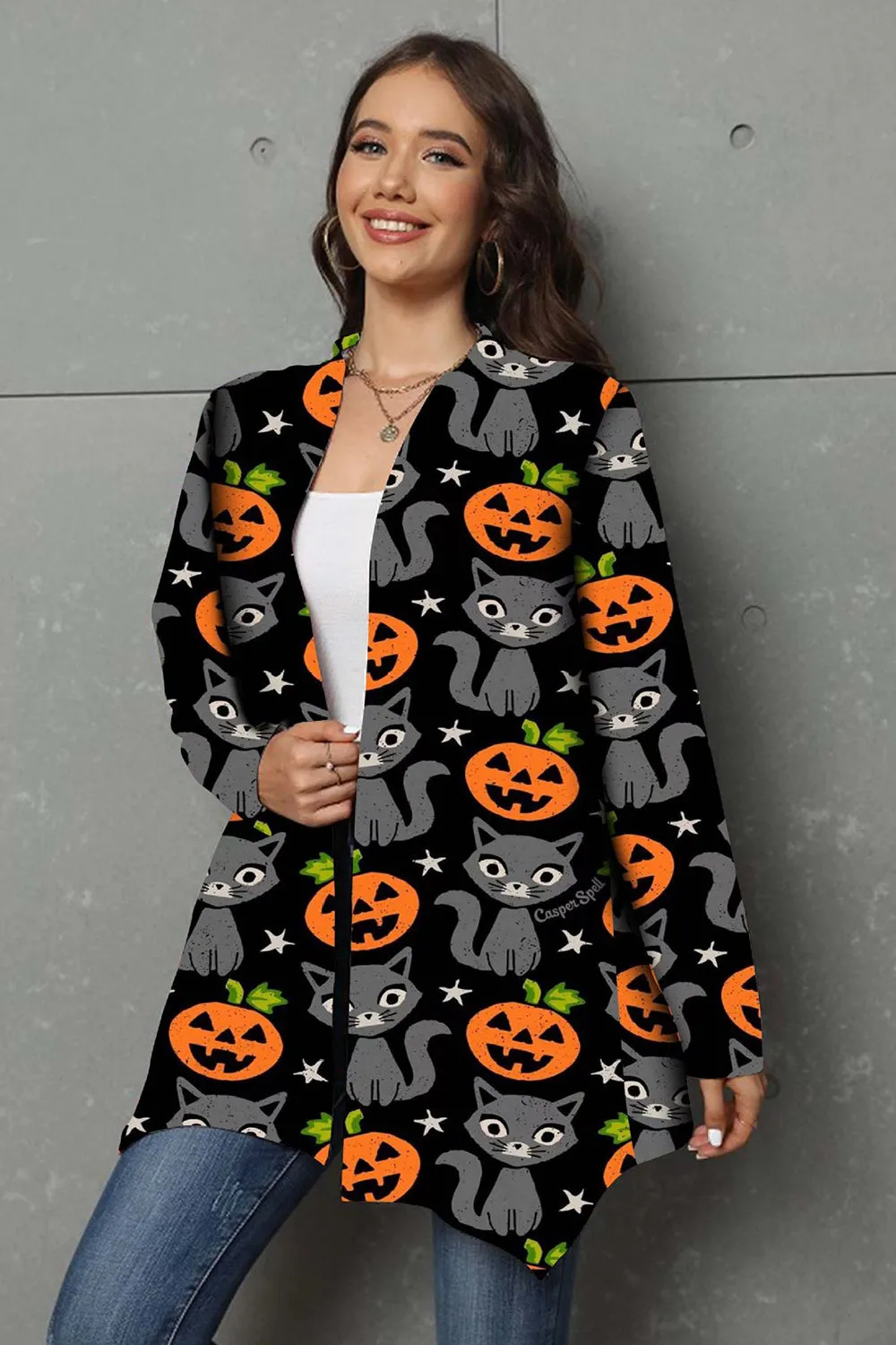 BerryBetty - Halloween Pumpkin and Cat Pattern Black Coat