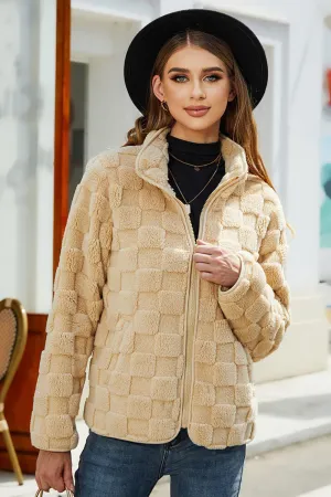 BerryBetty - Khaki Fleece Stand Collar Zip Up Coat