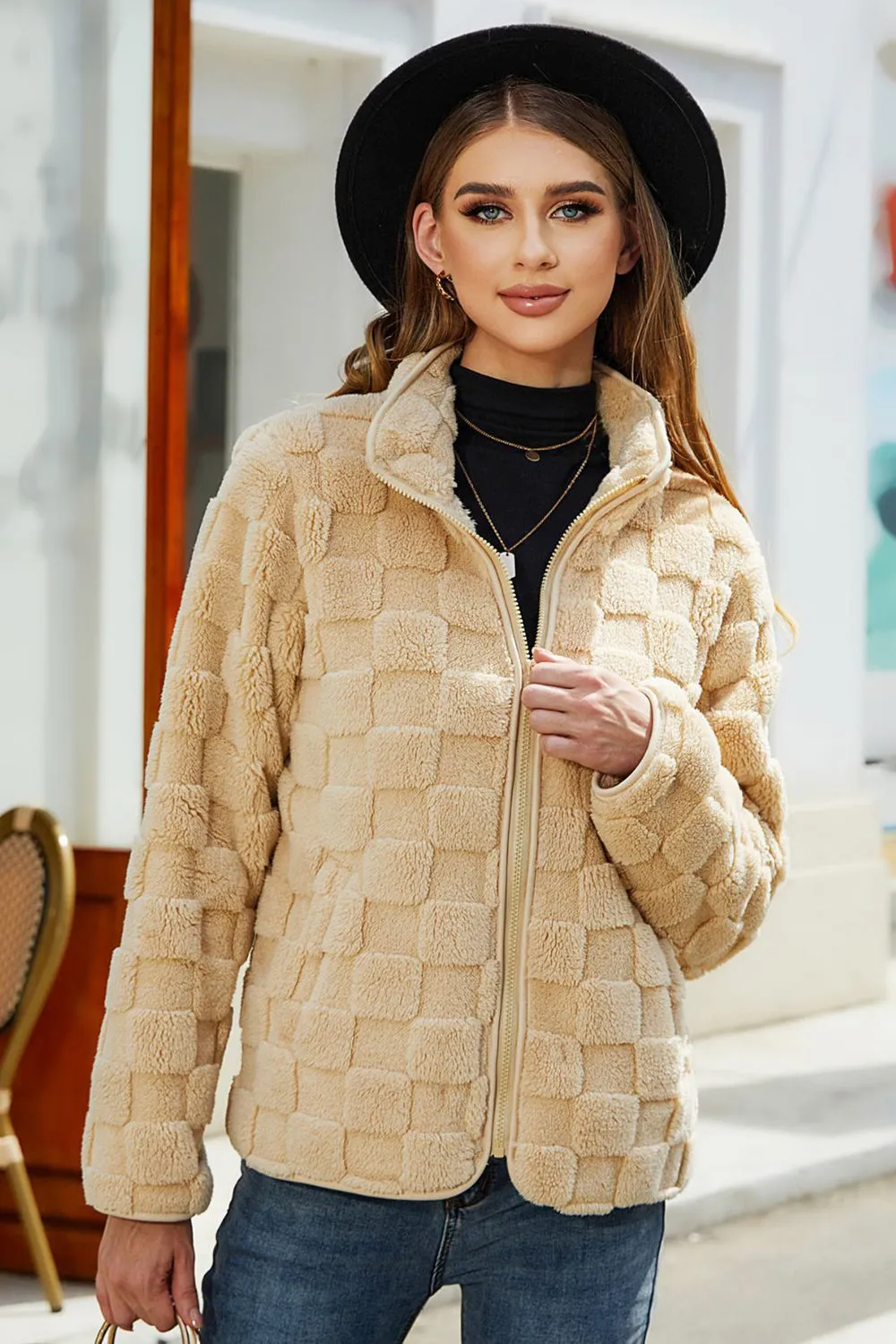 BerryBetty - Khaki Fleece Stand Collar Zip Up Coat