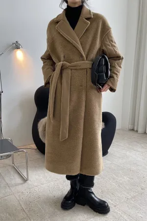 BerryBetty - Khaki Notched Lapel Sherpa Long Coat