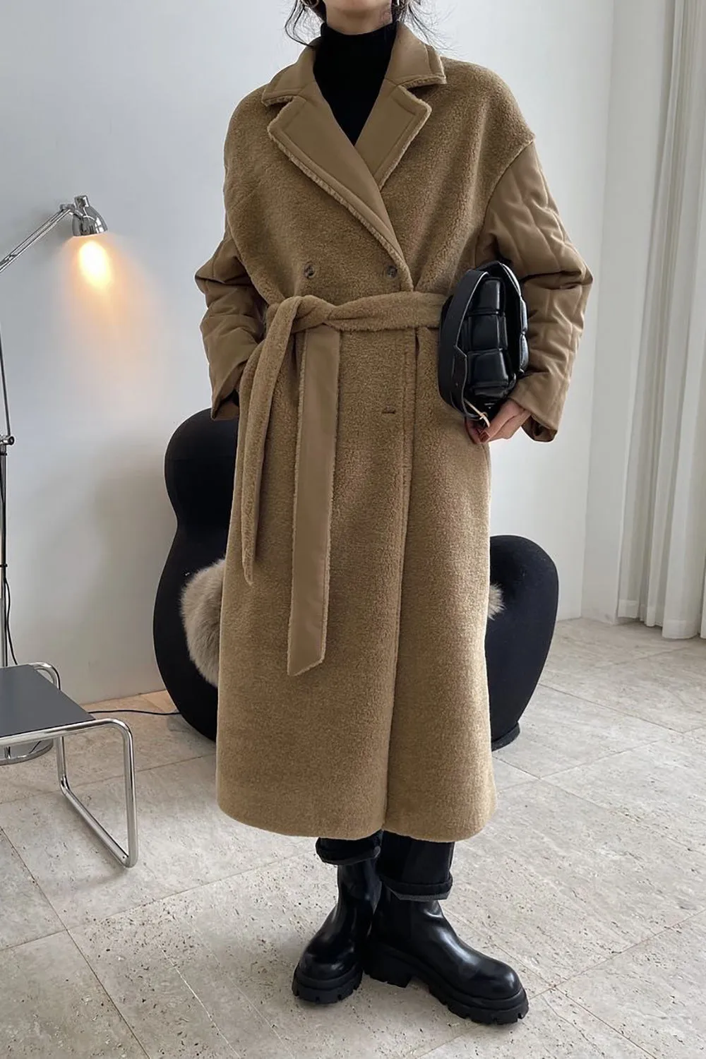 BerryBetty - Khaki Notched Lapel Sherpa Long Coat
