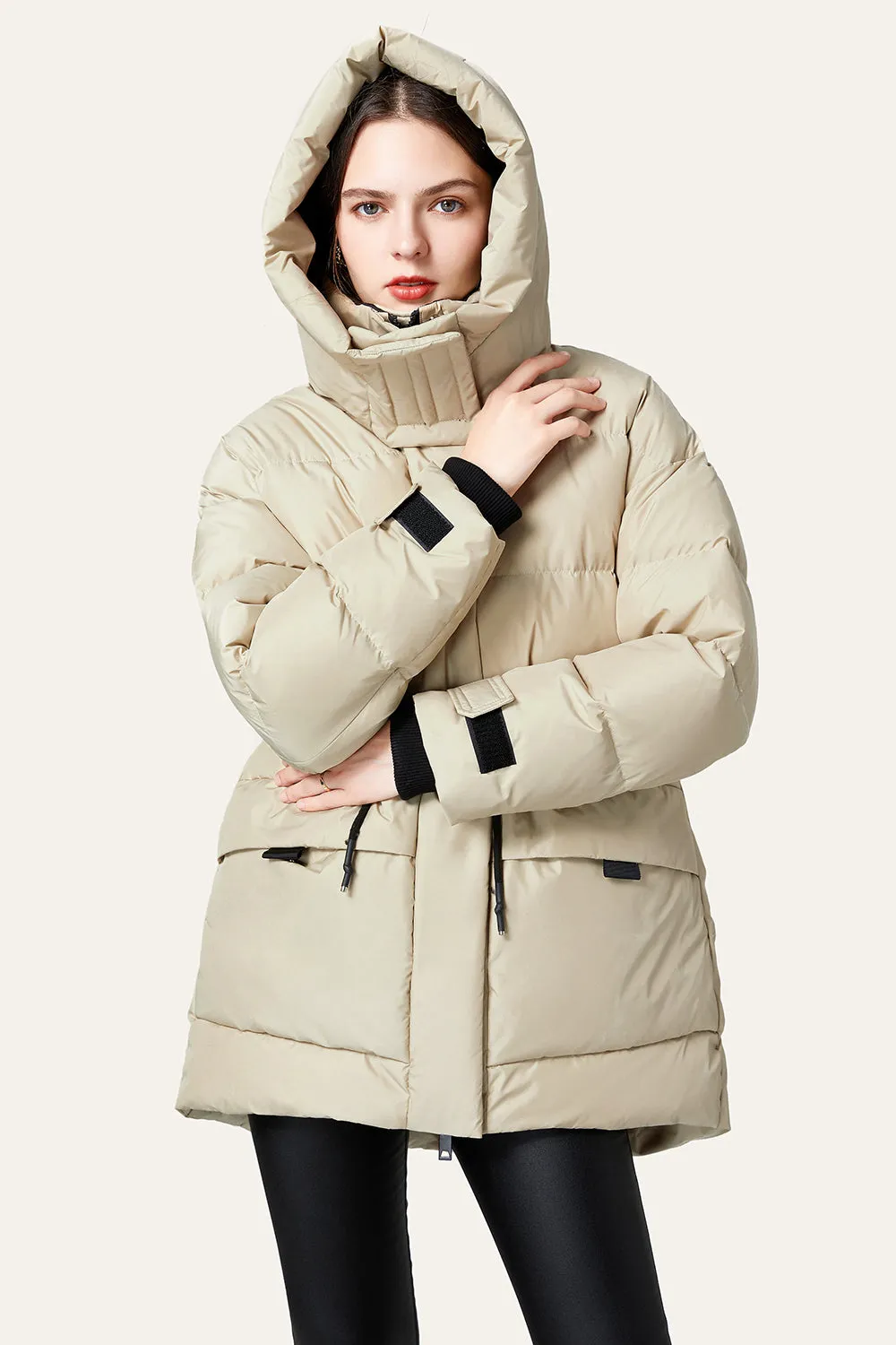 BerryBetty - Khaki Oversized Zipper Cropped Hooded Puff Jacket