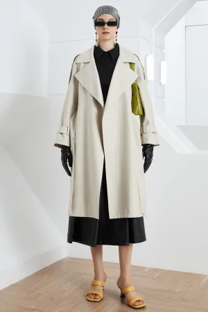 BerryBetty - Off White Notched Lapel Long Trench Coat with Belt