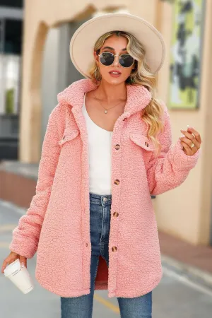 BerryBetty - Pink Fleece Button Down Midi Coat