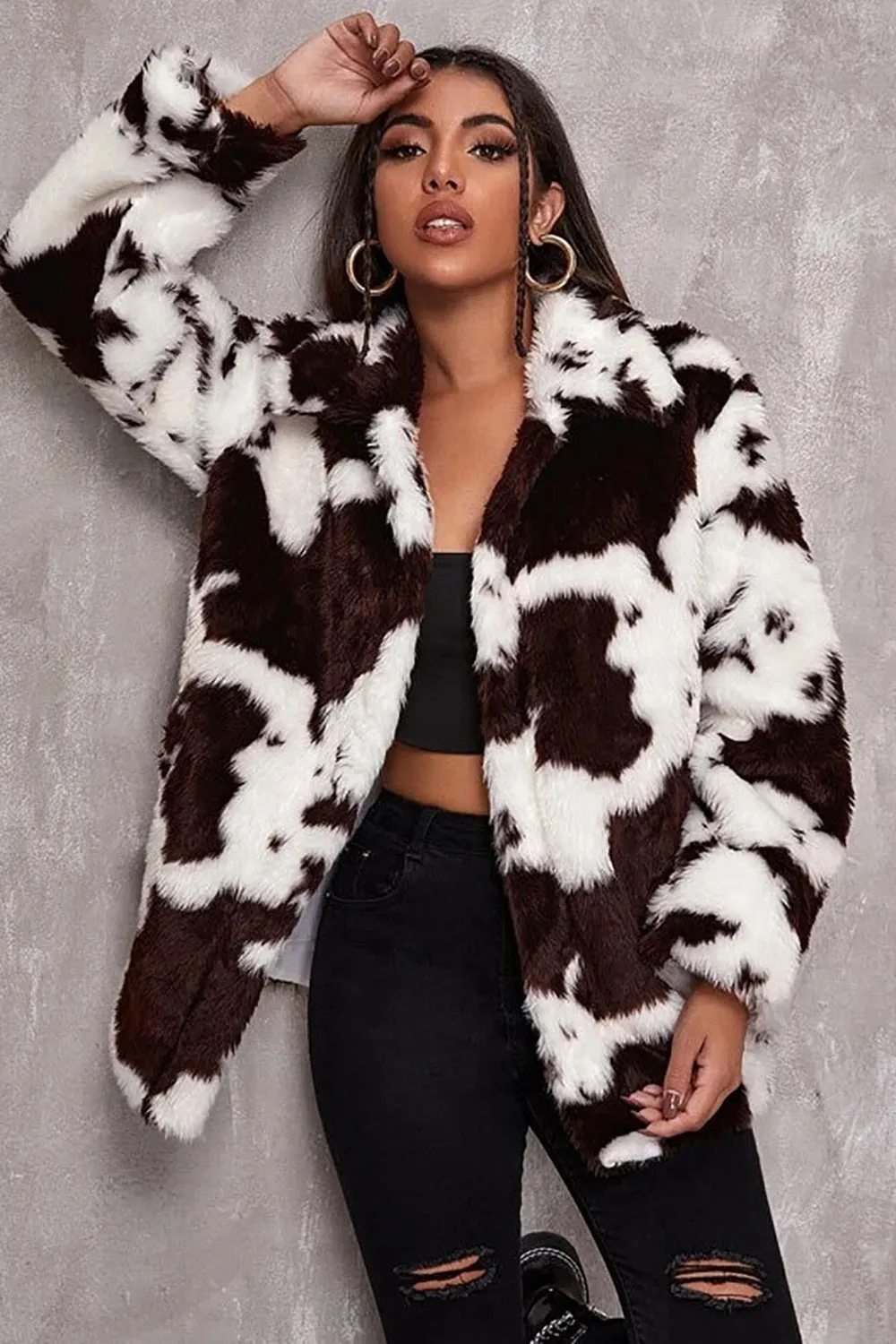 BerryBetty - White Cow Pattern Midi Faux Fur Shearling Coat