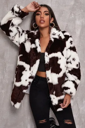BerryBetty - White Cow Pattern Midi Faux Fur Shearling Coat