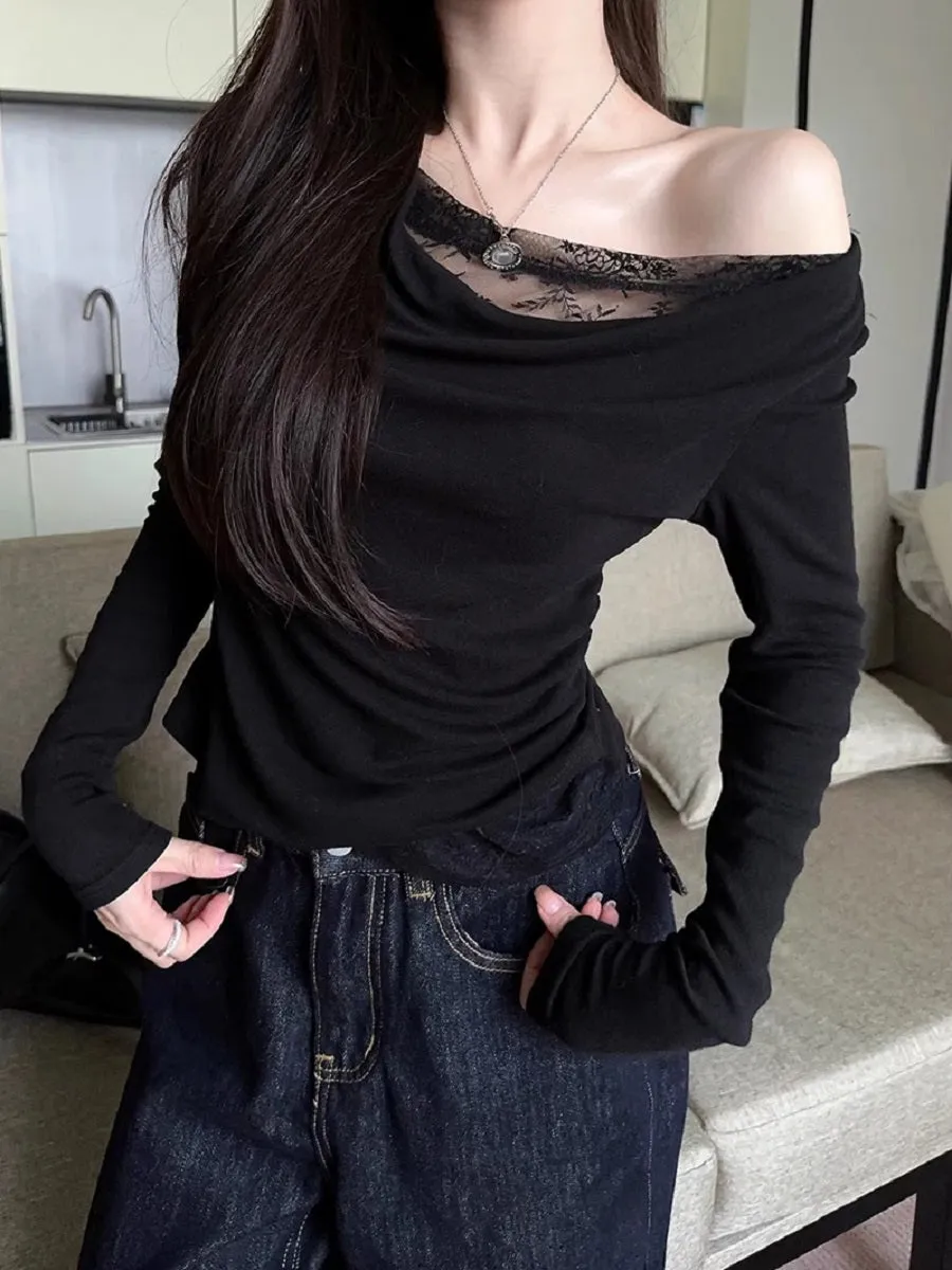 Black Off-Shoulder Top With Lace Inserts
