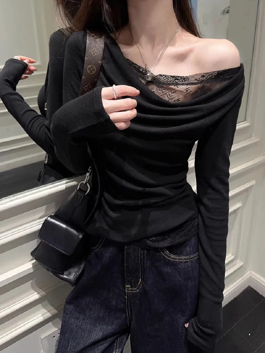Black Off-Shoulder Top With Lace Inserts