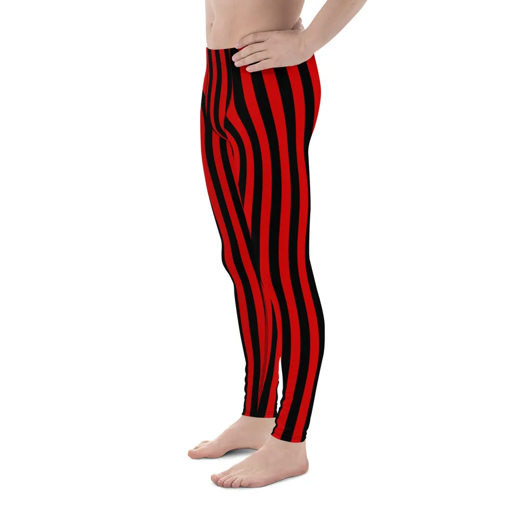 Black Red Vertical Stripe Mens Leggings Yoga Stretch Pants - Saiko Studio