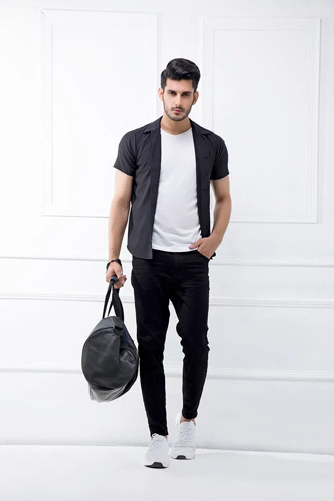 Black Revere Collar Half Sleeves Shirt