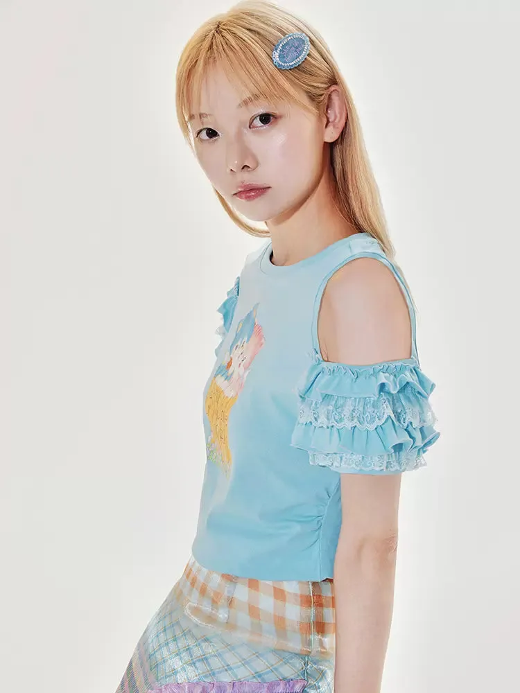 blue kitten off-shoulder lace top