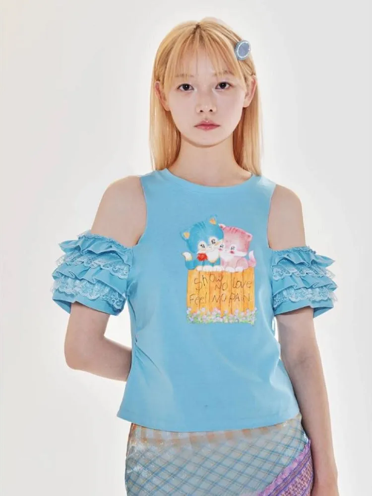blue kitten off-shoulder lace top