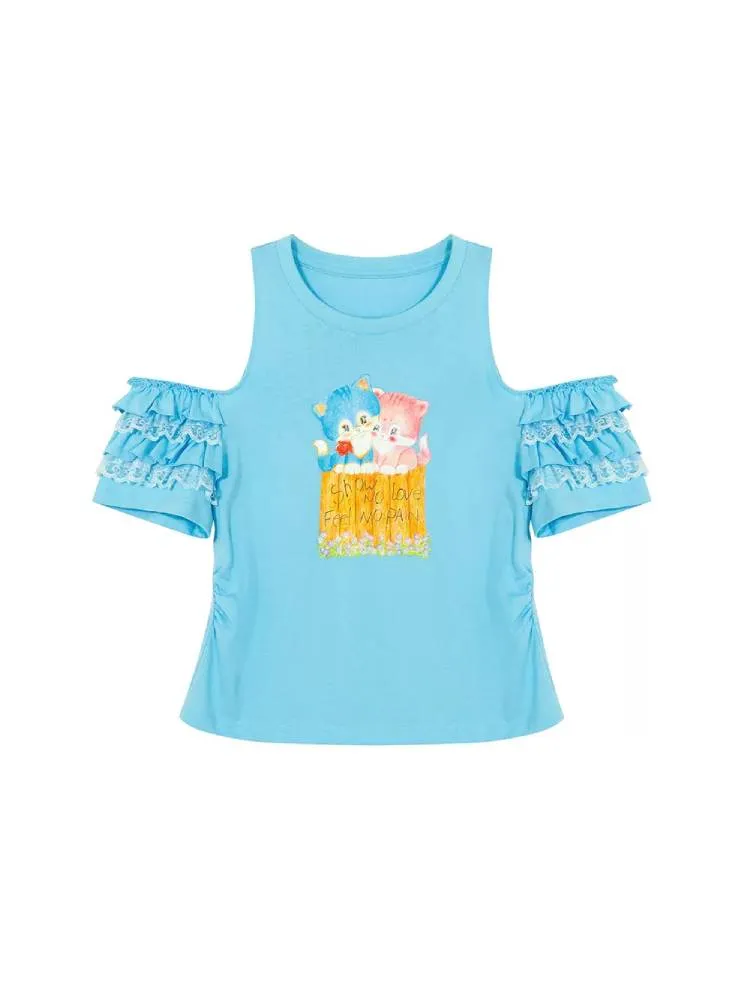 blue kitten off-shoulder lace top