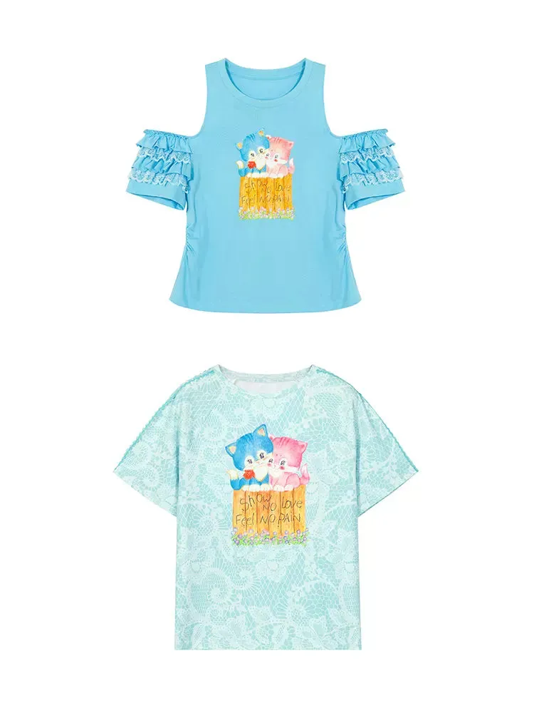 blue kitten off-shoulder lace top