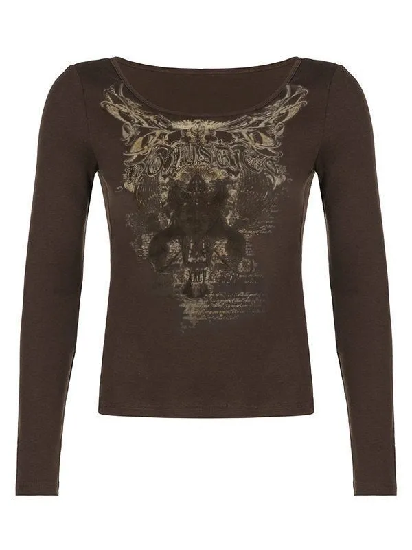 Brown gothic punk long sleeve top with print