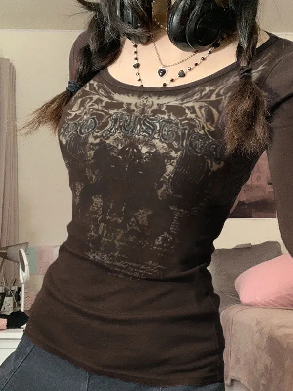 Brown gothic punk long sleeve top with print