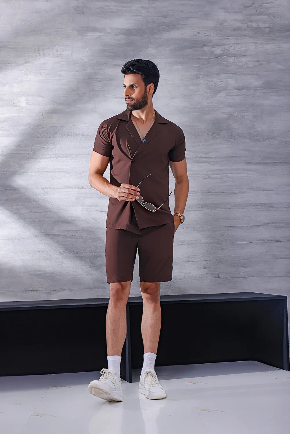 Brown Short Sleeve Collar Wrap Front Shirt