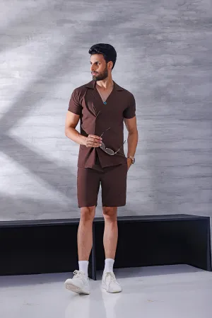Brown Short Sleeve Collar Wrap Front Shirt