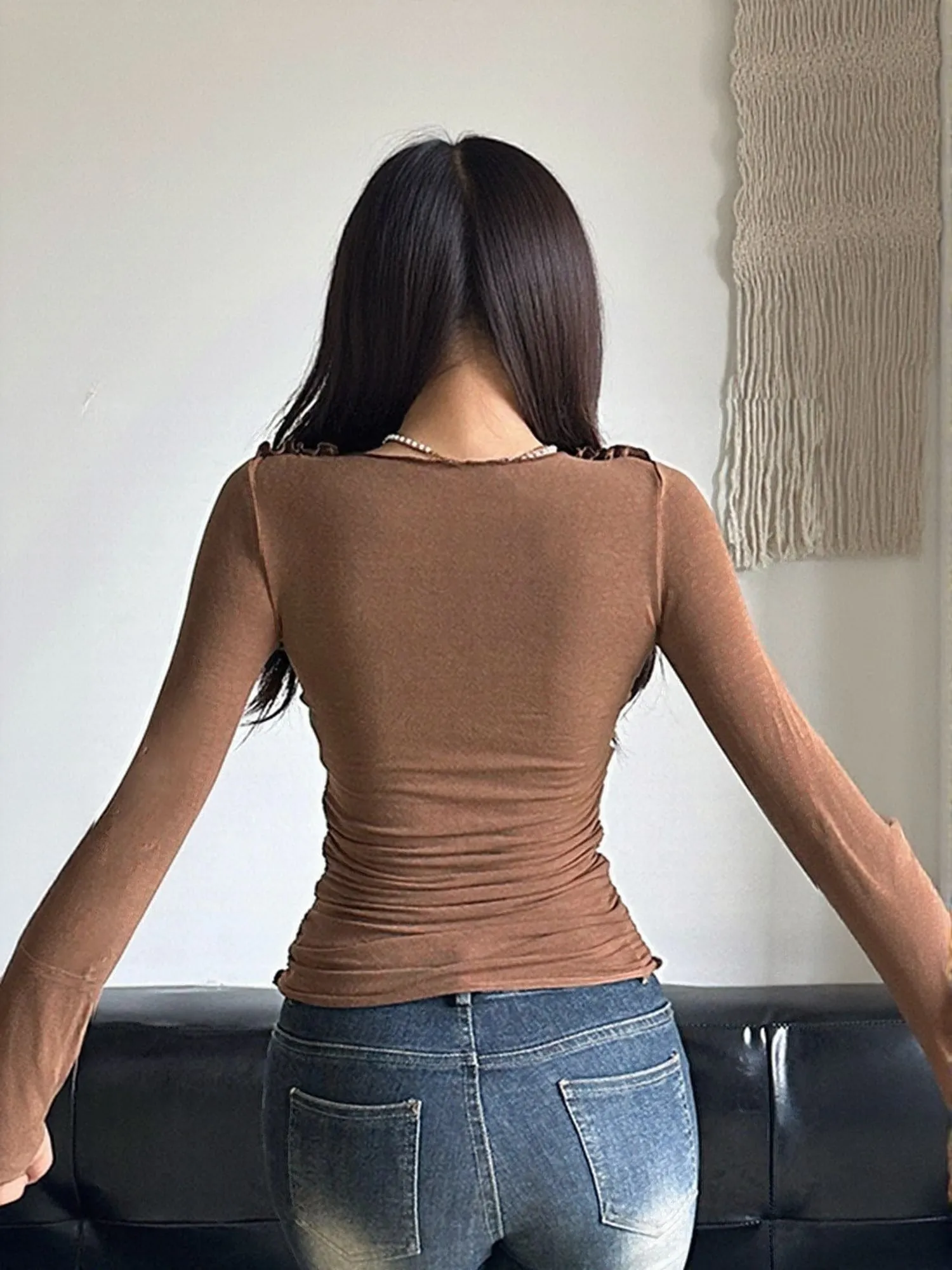 Brown V Neck Fitted Top